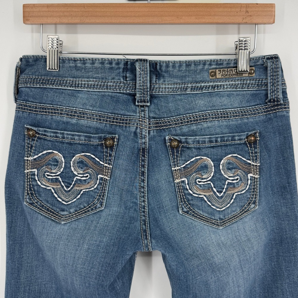 Rerock for Express Women's Flare Low Rise Jeans Sz 4 Embroidered Pockets Y2K